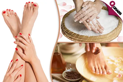From QR50 Take Care of your Hands & Feet with Paraffin Treatment OR Mani / Pedi OR Salt Scrub & Massage! (Up to QR130 Value)